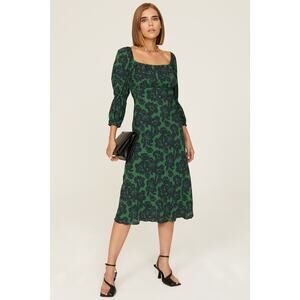 Peter Som Green Floral Print Crepe Long Sleeve Square Neck Midi Dress Size 6